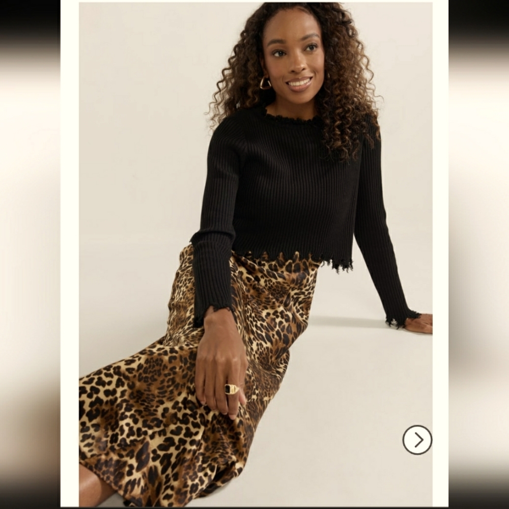 New! holly Sweater And Cheetah Maxi Francesca's Collections Brown Tan Midi Slip